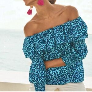 Lilly Pulitzer Beatrix Off The Shoulder Oyster Bay Navy Top size medium